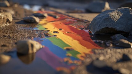 Fototapeta premium Vivid Rainbow in Nature's Embrace: A vibrant rainbow paints a colorful streak across a puddle, reflecting the beauty of diversity and the tranquility of the natural world.