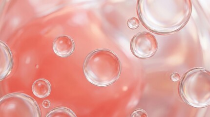 Fototapeta premium Transparent bubbles of different sizes are floating on a pink surface, creating an abstract and visually appealing background with a scientific or cosmetic feel