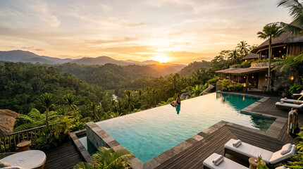 Fototapeta premium Luxury resort infinity pool overlooking tropical jungle valley at golden sunset