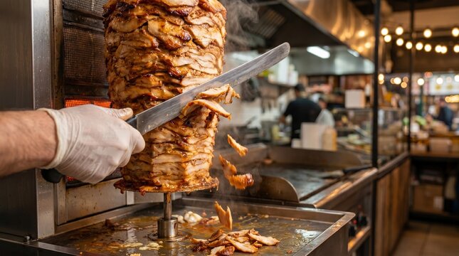 Shawarma meat sliced from rotating spit with juicy falling layers, street food concept, cinematic macro detail, premium food advertising image. Isolated on White background