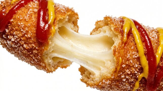 Korean corn dog with mozzarella cheese pull and crispy crust, street food concept, macro detail, viral food advertising style. Isolated on White background