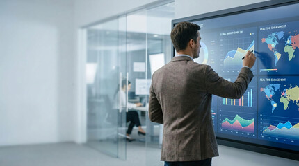 Fototapeta premium Businessman analyzing market data on interactive screen in modern office