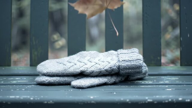Gray Knitted Mittens Resting on Wooden Bench Outdoor