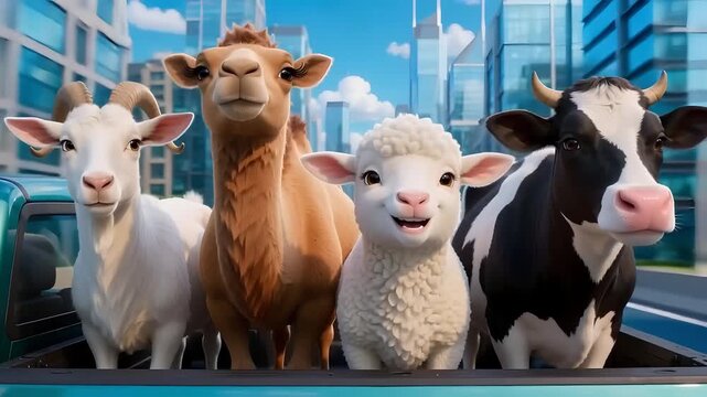 Farm animals including a goat, camel, lamb, and cow stand together in the back of a pickup truck traveling through a modern city environment.