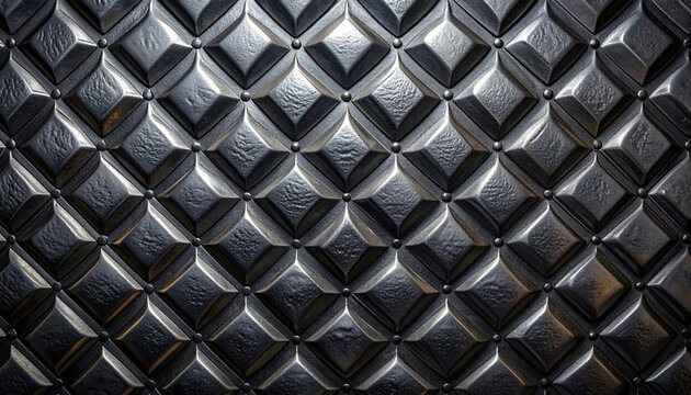 Sophisticated dark grey and black metallic surface featuring an embossed geometric scale pattern. Elegant forged iron texture ideal for luxury branding, industrial design, and armor backgrounds.