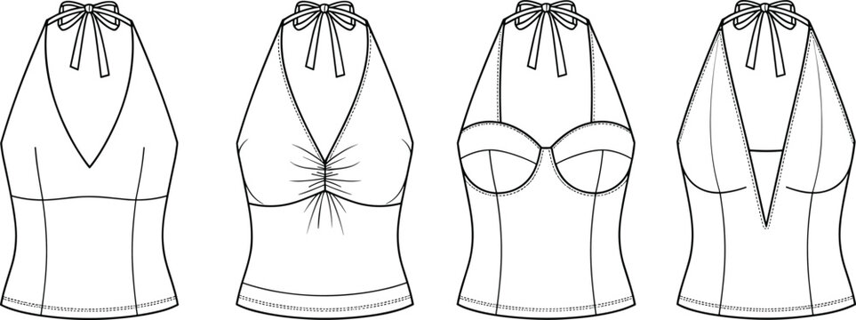 Fashion sketches of halter tops with various necklines and details.