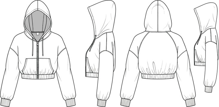 Cropped zip up hoodie sweatshirt technical fashion flat sketch template for women street wear design.
