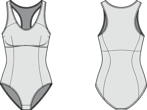 Women racerback one piece swimsuit technical fashion flat sketch template for swimwear design.