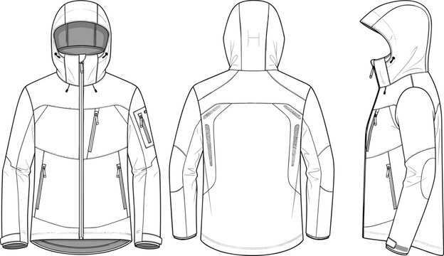 Men hooded outdoor performance jacket technical fashion flat sketch template for sportswear design.
