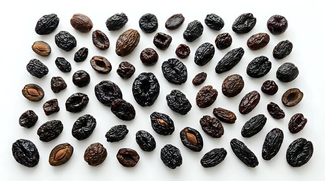 Assorted dried dates collection featuring various types and sizes of sweet fruit arranged on white background for culinary and healthy eating concepts.