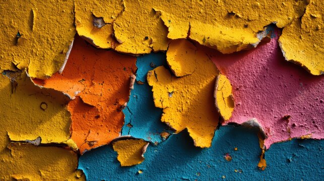 Peeling Paint Texture: A vibrant close-up showcases layers of old, peeling paint in an abstract pattern, revealing a spectrum of bright colors underneath. A testament to time and texture.