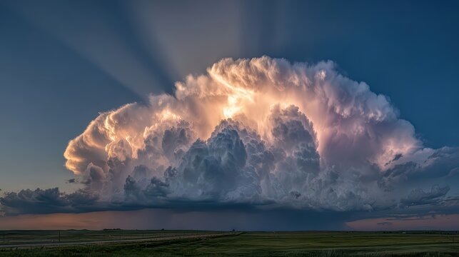 Thunderhead Majesty: A colossal thunderhead cloud dominates the sky, illuminated by the dramatic rays of the setting sun, casting a powerful and awe-inspiring presence over the vast landscape below.
