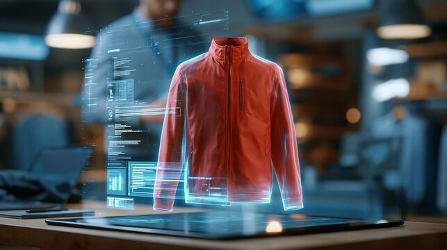 Hologram of a red jacket showcased in a modern retail space, innovative shopping technology concept, virtual product display, immersive retail experience, with copy space