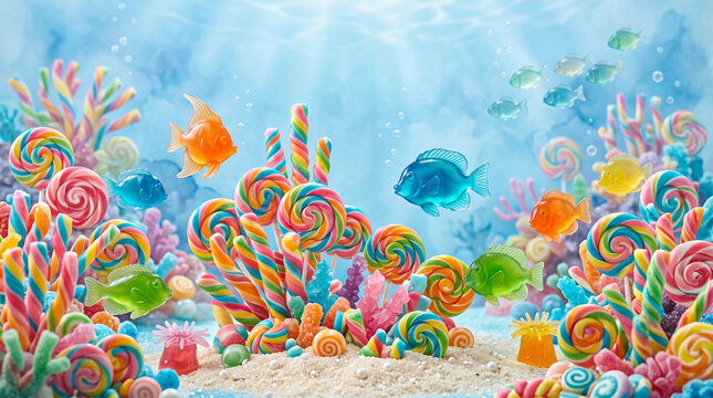 Colorful candy underwater world with lollipops and gummy fish in bright ocean scene
