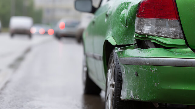 Severe rear-end vehicle collision damage to green sedan, cracked taillight and deformed bumper on a wet city street