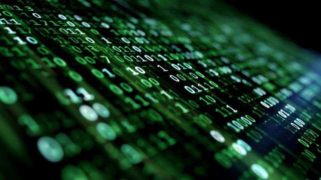 Digital binary code streams arranged in a grid formation on dark background, data processing concept, digital technology visualization, matrix-style abstract background, with copy