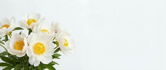 Obraz premium Fresh white peonies with yellow centers arranged on a light background, copy space on the right for text or design elements.