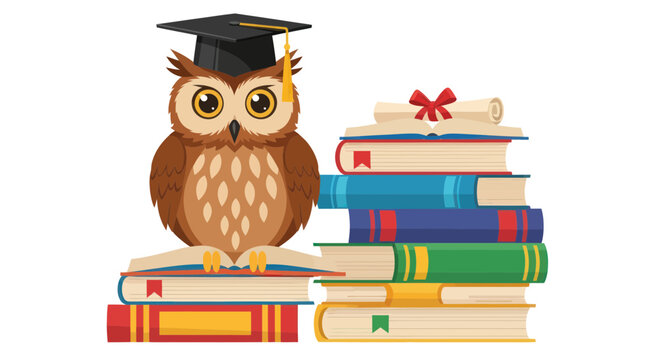 Wise Owl Wearing Graduation Cap Sitting on Stack of Books