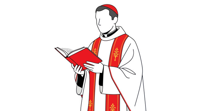 Cleric Reading from Red Book, Religious Ceremony, Catholic Priest Illustration