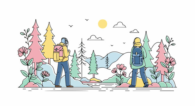 Hikers Exploring Mountain Forest Trail.
