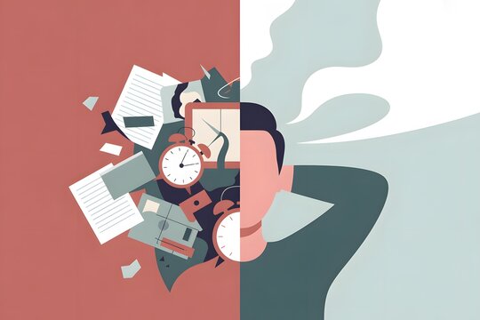 Split illustration showing stressed person with cluttered chaotic background on left and calm relaxed person with clear soft background on right symbolizing emotional balance and mindfulness
