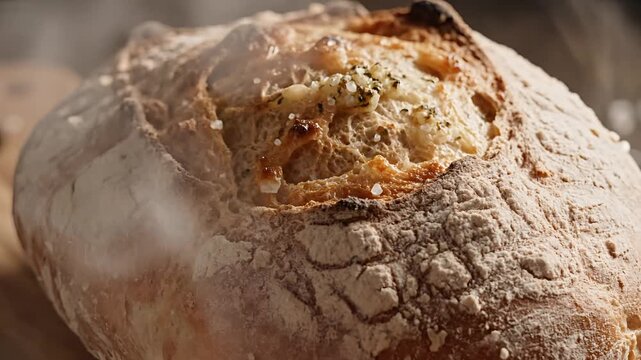 Close up of freshly baked artisan bread with a golden crust.