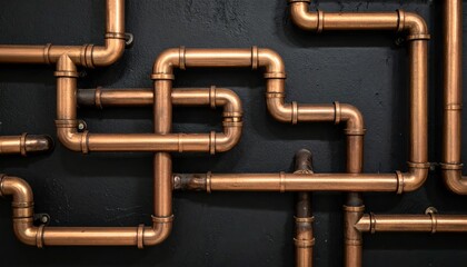 Fototapeta premium Intricate Network of Copper Pipes on a Dark Textured Wall.