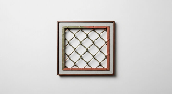 Abstract, minimalist square artwork featuring a woven, diamond-patterned rope texture within a distressed wooden frame on a clean white background, evoking rustic charm.
