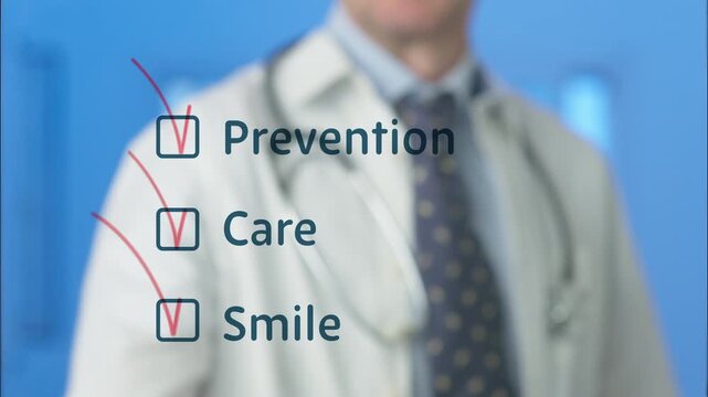 Close up of a medical professional ticking off prevention, care, and smile on a digital checklist, highlighting the core principles of comprehensive patient healthcare and well being