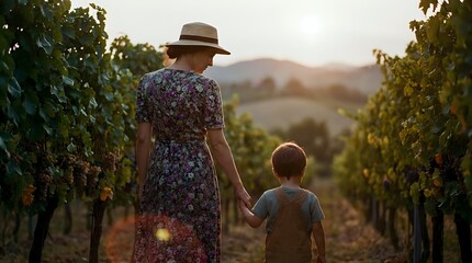 Fototapeta premium Woman in floral dress and straw hat walks hand in hand with young child through sun-drenched vineyard rows at golden hour sunset.