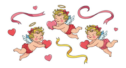 Cute Cupids with Hearts and Ribbons, Valentine's Day Illustration © fufu