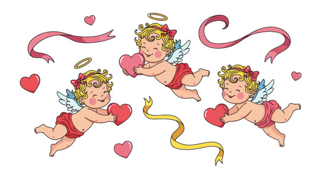 Cute Cupids with Hearts and Ribbons, Valentine's Day Illustration