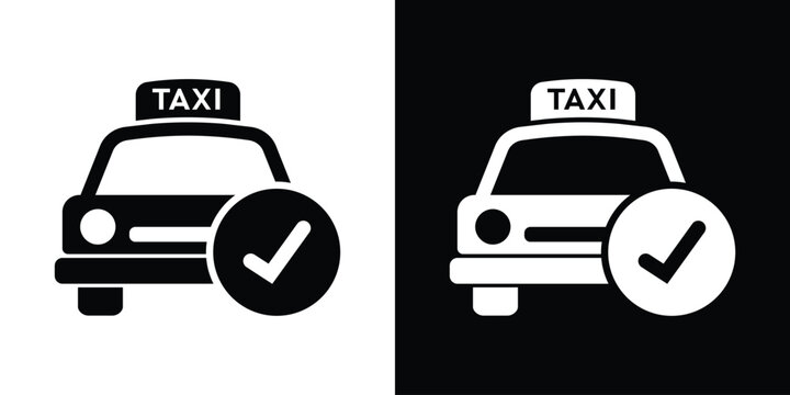 Taxi with checkmark symbol icon. Vector illustration representing a confirmed ride, available cab, or successful booking in black and white minimalist style.