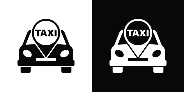Taxi cab front view combined with a location pin icon. Minimalist black and white vector symbol for tracking cabs, identifying pickup spots, and transportation apps.