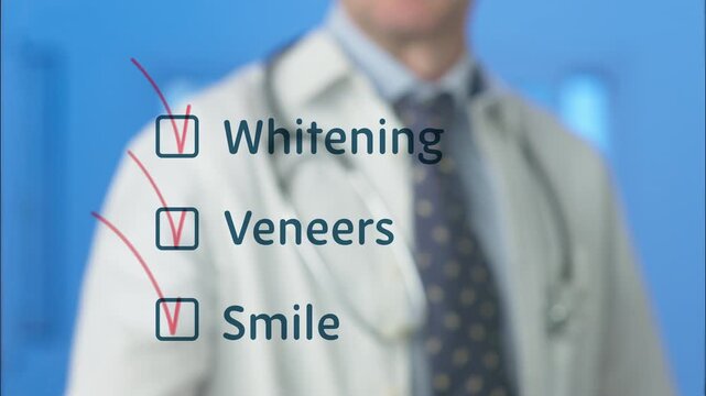 Close up of a dentist's hand with a red marker ticking checkboxes on a transparent screen with options for whitening. Veneers. And achieving a perfect smile. Illustrating cosmetic dentistry services