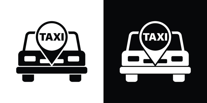 Taxi cab front view combined with a location pin icon. Minimalist black and white vector symbol for tracking cabs, identifying pickup spots, and transportation apps.