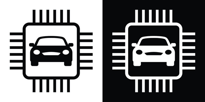 Car silhouette inside a computer microchip processor icon. Vector concept for autonomous driving, smart vehicle diagnostics, AI automotive systems, and electric cars.