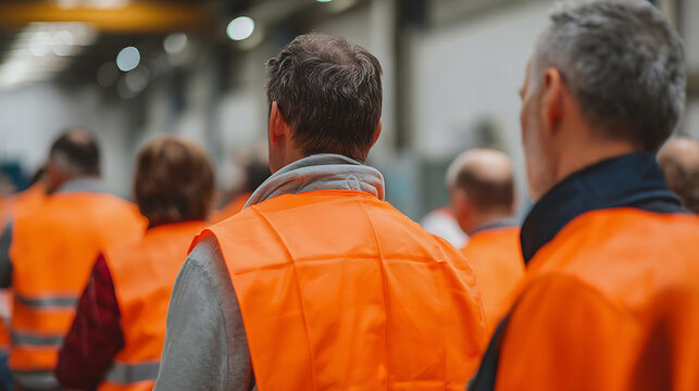 Group of industrial workers in bright orange safety vests assemble in a spacious factory or warehouse environment for a meeting or debrief