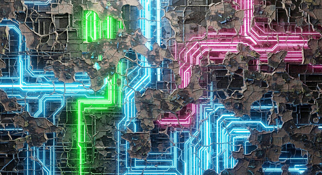 Futuristic glowing neon lines integrated into a crumbling concrete wall creating a cyberpunk technological urban concept