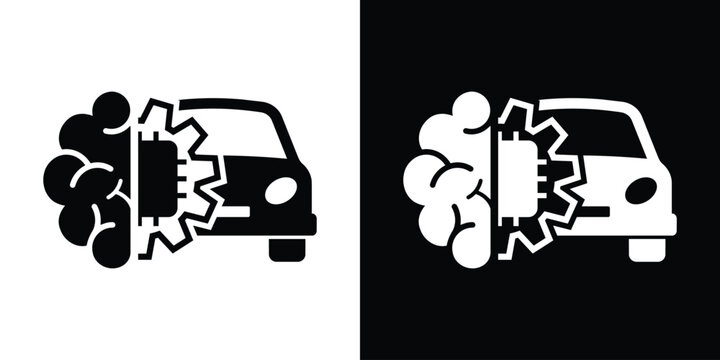 Smart car vector icon combined with a human brain and gear mechanism. Represents artificial intelligence, deep learning technology, and cognitive autonomous driving.