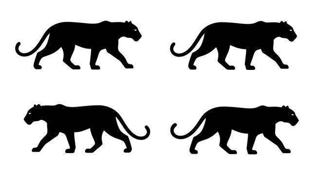 Four black panther silhouettes in a walking pose with big cat, animal kingdom