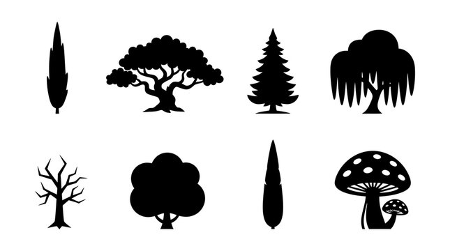 Collection of black tree and mushroom silhouettes with dead tree, weeping willow