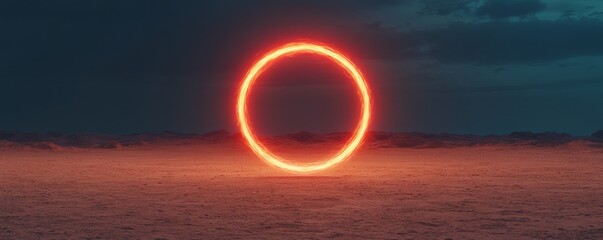 Naklejka premium A vibrant, centered fiery portal ring illuminates a vast, desolate red planet surface beneath a dark, cloudy sky, suggesting a gateway to another dimension, Sci-fi, Cosmic