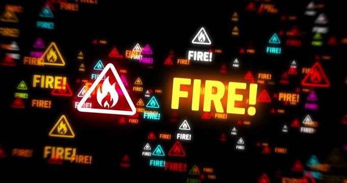 Fire alert symbol light flashing on screen. Fly between Flame danger warning icon. Loopable and seamless abstract concept.