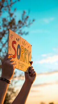 Hands holding a colorful handmade cardboard sign with the word Sorry against a blue sky at sunset, expressing apology and emotion.