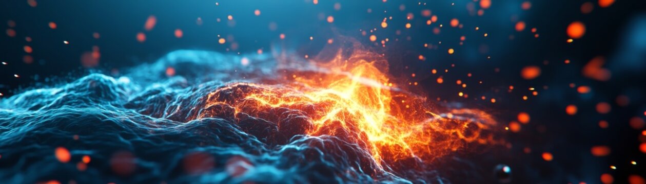 Abstract Elemental Collision Vivid digital art of blue and orange energy flows meeting on a dynamic surface, with particles in a dark void, symbolizing primal opposing forces.