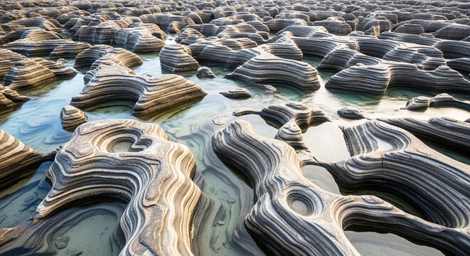 Stunning rock formations in shallow water featuring unique layered geological stripes and deep weathered patterns