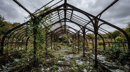 Naklejka premium Abandoned greenhouse structure with overgrown plants under a cloudy sky.
