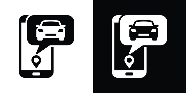 Smartphone icon with a car in a speech bubble and a location pin. Perfect for ride-sharing apps, online taxi booking services, navigation, and vehicle tracking systems.