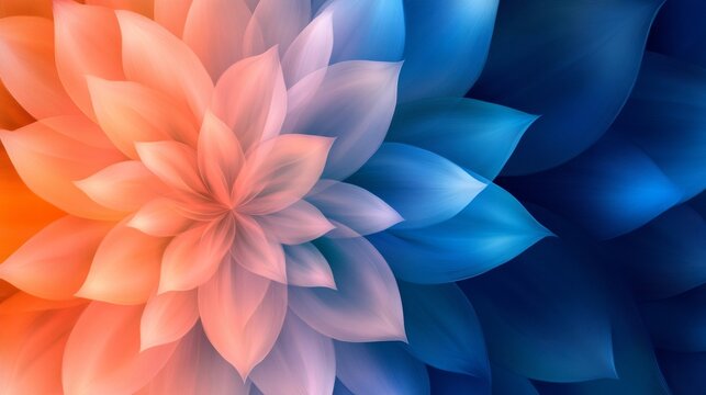 Close-up abstract floral Radiating translucent petals shift from vivid peach-orange on the left to deep cool blue on the right, showcasing a dynamic gradient and elegant organic flow.